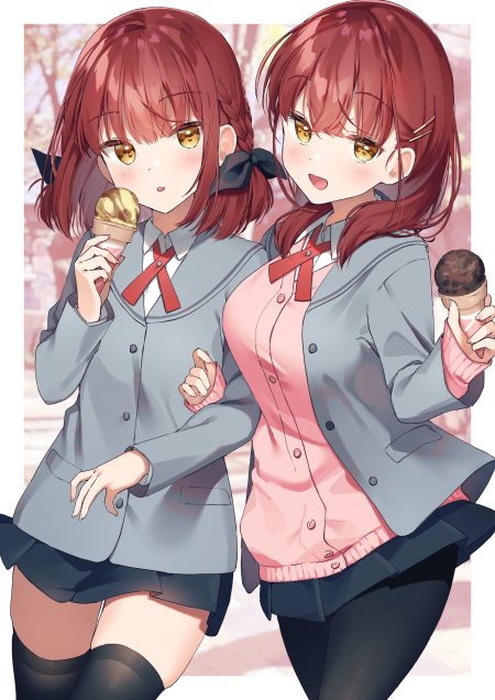 muninshiki akari (muninshiki) kazari (muninshiki) pantyhose seifuku skirt lift sweater thighhighs