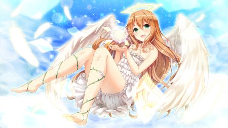 akine (kuroyuri) angel barefoot bloomers brown hair clouds dress feathers green eyes halo long hair original sky wings