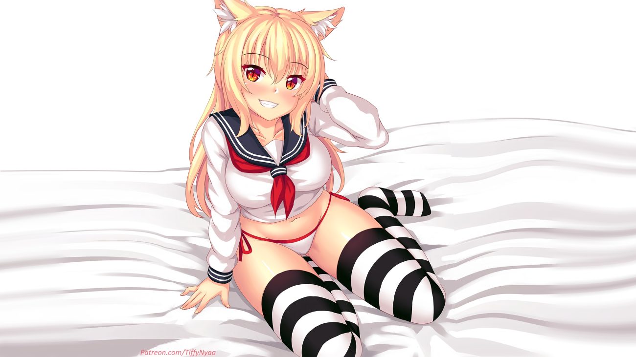 animal ears bed blonde hair catgirl fast-runner-2024 orange eyes original school uniform signed tiffy underwear watermark
