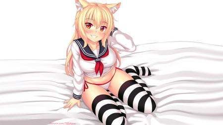 animal ears bed blonde hair catgirl fast-runner-2024 orange eyes original school uniform signed tiffy underwear watermark