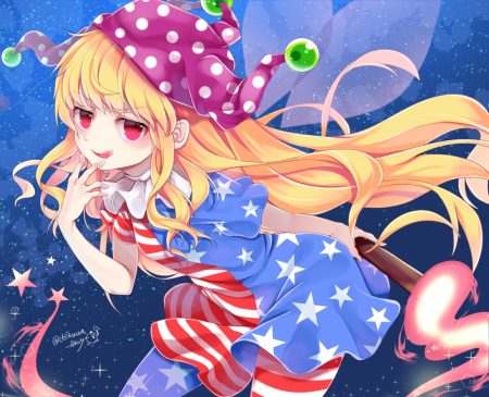 blonde hair chikuwa savi clownpiece dress fairy fire hat long hair red eyes signed stars touhou wings