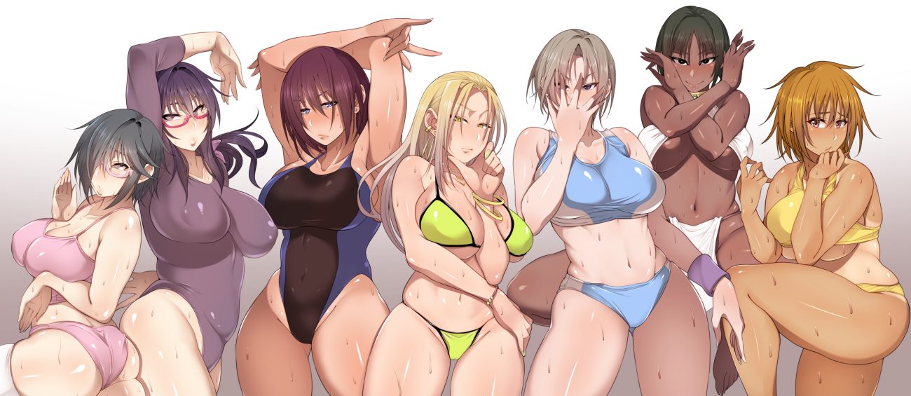 ass bikini black eyes black hair blonde hair bloomers blue eyes bra breast hold breasts brown hair cleavage dark skin glasses gradient gray hair group jojo no kimyou na bouken korotsuke leotard long hair navel necklace orange hair original panties parody pink eyes purple eyes purple hair red eyes short hair skintight swimsuit tan lines thighhighs underboob underwear wet wristwear yellow eyes