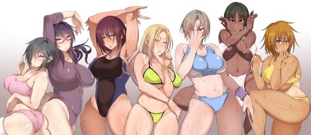 ass bikini black eyes black hair blonde hair bloomers blue eyes bra breast hold breasts brown hair cleavage dark skin glasses gradient gray hair group jojo no kimyou na bouken korotsuke leotard long hair navel necklace orange hair original panties parody pink eyes purple eyes purple hair red eyes short hair skintight swimsuit tan lines thighhighs underboob underwear wet wristwear yellow eyes