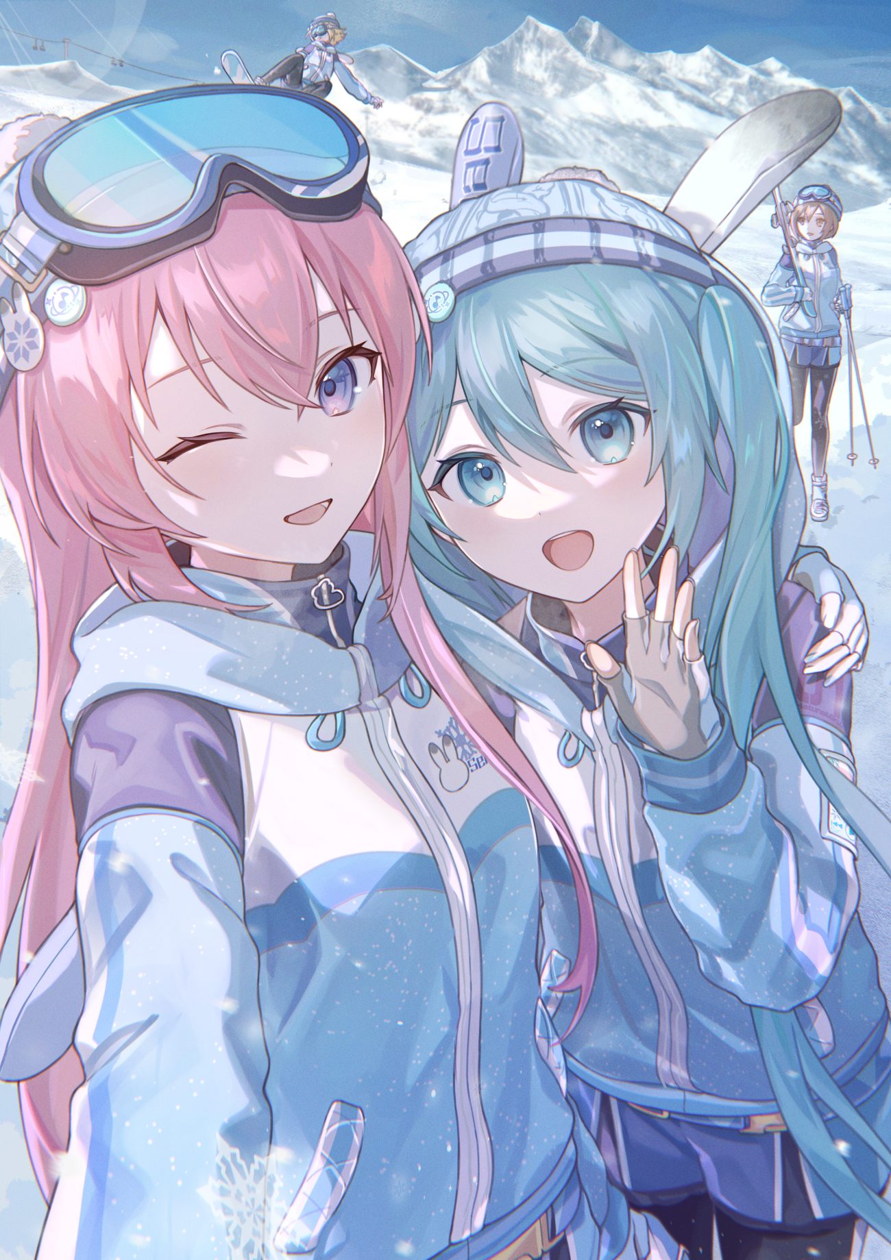 mell° vocaloid hatsune miku kagamine rin megurine luka meiko animal ears bunny ears gym uniform pantyhose selfie