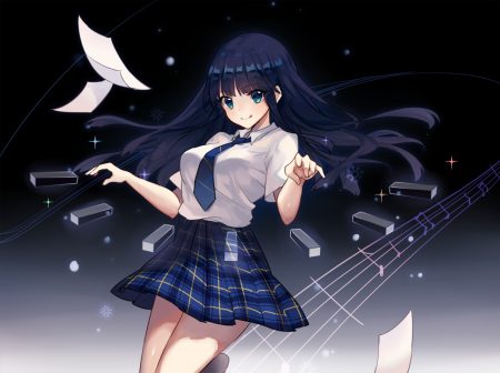 black hair chariot.f gradient green eyes long hair music paper school uniform skirt tie touma kazusa white album 2