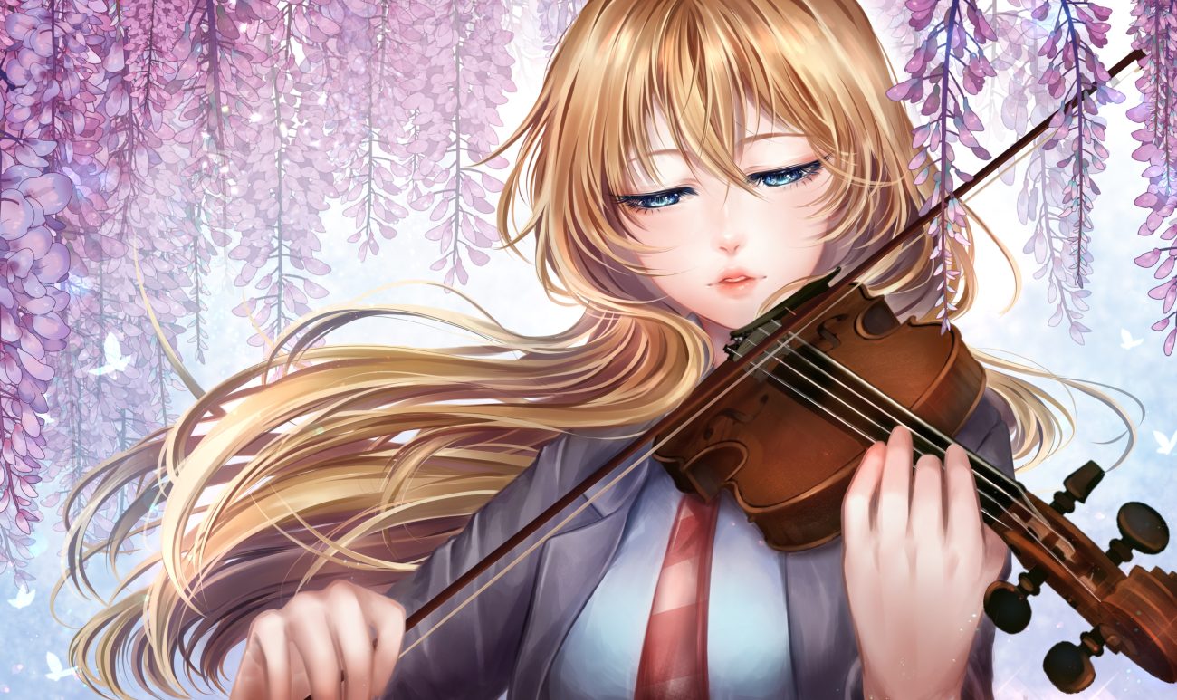aqua eyes blonde hair butterfly close flowers hinayukisaki instrument long hair miyazono kaori school uniform shigatsu wa kimi no uso tie violin