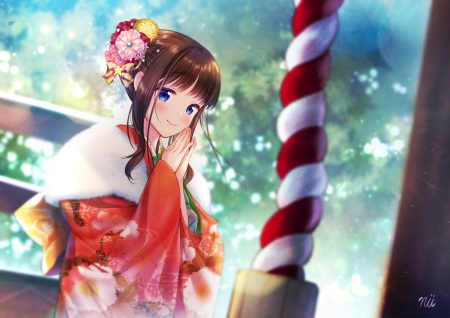 ainili blue eyes blush brown hair flowers japanese clothes kimono original rope short hair shrine signed