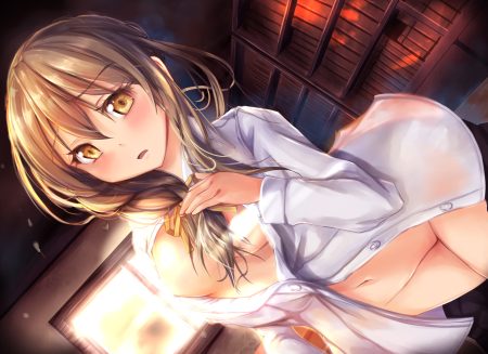 braids breasts brown eyes brown hair gc3 goblin slayer! guild girl (goblin slayer!) jpeg artifacts long hair naked shirt navel no bra ponytail