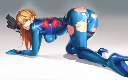 ass blonde hair blue eyes bodysuit boots breasts cameltoe dantewontdie erect nipples garter gradient gun jpeg artifacts long hair metroid samus aran skintight torn clothes weapon