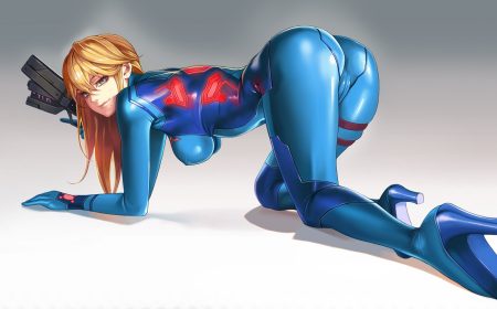ass blonde hair blue eyes bodysuit boots breasts dantewontdie erect nipples garter gradient gun jpeg artifacts long hair metroid samus aran skintight weapon