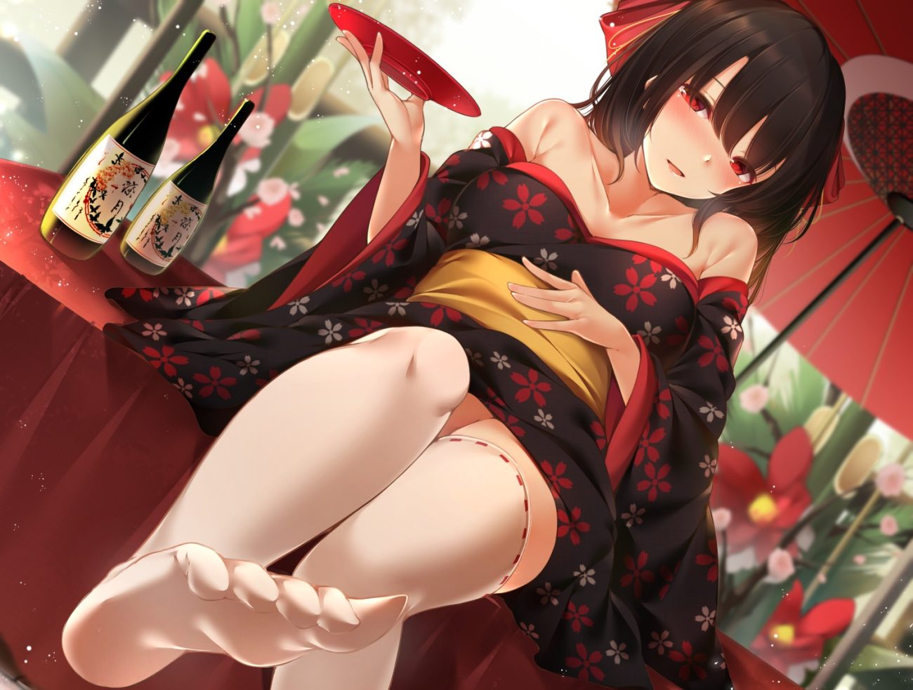 black hair blush drink flowers japanese clothes kimono long hair nopan original red eyes sake thighhighs toyosaki shu umbrella