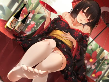 black hair blush drink flowers japanese clothes kimono long hair nopan original red eyes sake thighhighs toyosaki shu umbrella