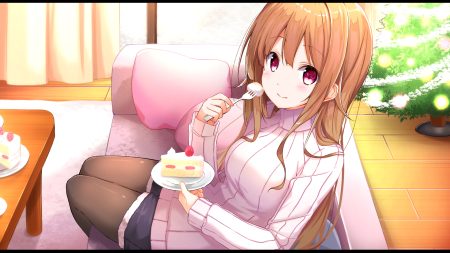 brown hair cake christmas couch food fruit long hair mikage mone mone channel na53 pantyhose pink eyes shorts strawberry tree