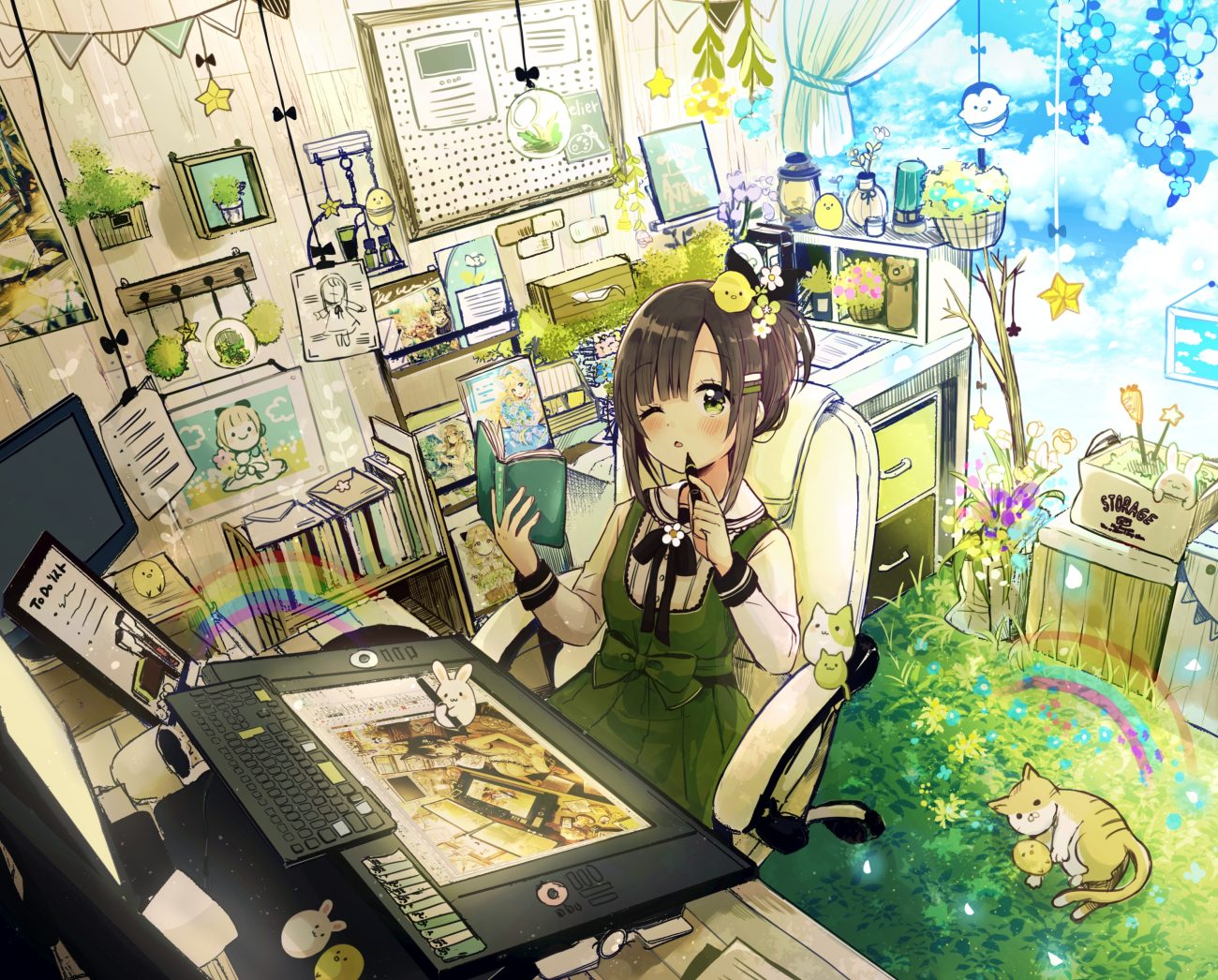animal blush book brown hair cat computer cropped dress flowers grass green eyes original paper rabbit sakura oriko short hair wink