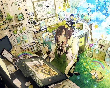 animal blush book brown hair cat computer cropped dress flowers grass green eyes original paper rabbit sakura oriko short hair wink