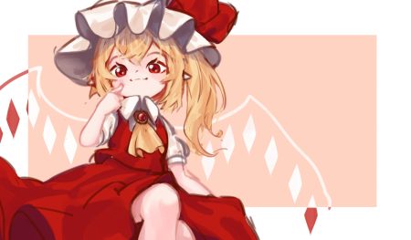 blonde hair flandre scarlet hat loli long hair pointed ears ponytail red eyes sketch skirt touhou vampire wings yoruny