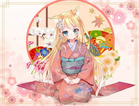 animal ears aqua eyes blonde hair blush catgirl flowers hamaru (s5625t) japanese clothes kimono long hair original
