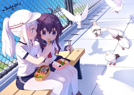 2girls akatsuki (kancolle) animal anthropomorphism bird bloomers blue eyes blush food gym uniform hat hibiki (kancolle) kantai collection long hair pantyhose ponytail purple eyes purple hair rooftop school uniform signed skirt tsubasa tsubasa white hair