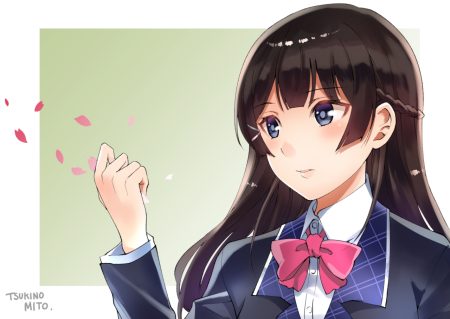 black hair blue eyes bow braids close long hair nijisanji petals sakayama shinta school uniform tsukino mito