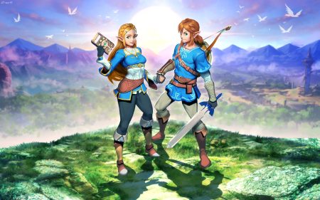 animal bird blonde hair blue eyes boots bow (weapon) braids brown hair building clouds computer genzoman gloves grass link (zelda) long hair male pointed ears ponytail princess zelda scenic signed sky sword the legend of zelda weapon