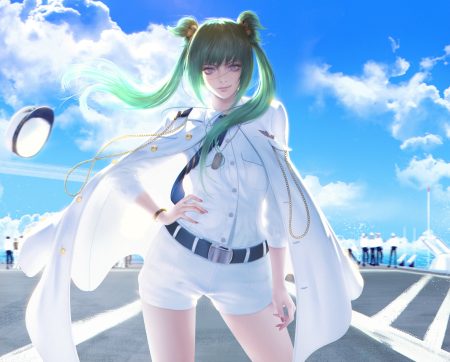 blue eyes clouds cui yifei green hair muv-luv muv-luv alternative sky thaumazo tie total eclipse twintails uniform