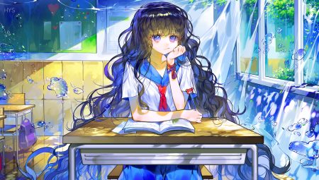 black hair book bubbles eunji5625 long hair original purple eyes school uniform underwater water watermark wristwear
