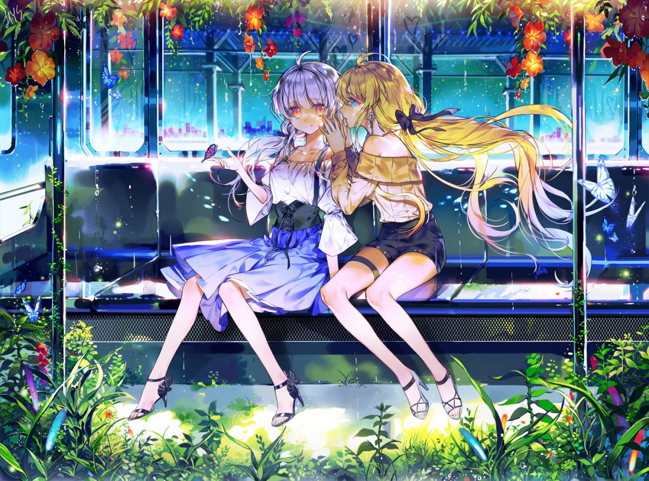 2girls aqua eyes blonde hair butterfly dress eunji5625 flowers garter grass gray hair leaves long hair orange eyes original shorts signed train twintails