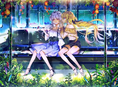 2girls aqua eyes blonde hair butterfly dress eunji5625 flowers garter grass gray hair leaves long hair orange eyes original shorts signed train twintails