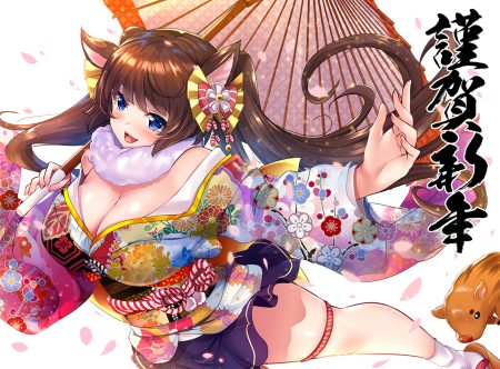 animal animal ears blue eyes breasts brown hair cleavage fang garter hinata sora japanese clothes kimono long hair original skirt socks umbrella