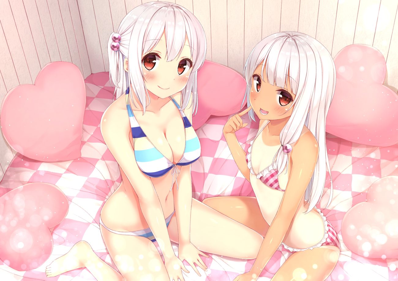 2girls barefoot bikini breasts cleavage gray hair karutamo loli navel original red eyes short hair swimsuit tan lines tissue-chan