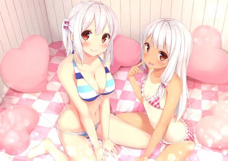 2girls barefoot bikini breasts cleavage gray hair karutamo loli navel original red eyes short hair swimsuit tan lines tissue-chan