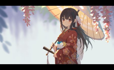 brown hair fan flowers japanese clothes kimono long hair original red eyes umbrella yuri shoutu