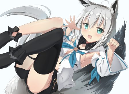 aies animal ears blush boots braids breasts cleavage foxgirl gray hair green eyes hololive navel shirakami fubuki shorts sideboob tail thighhighs