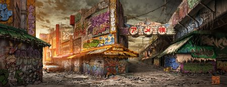 building city clouds graffiti no humans original ruins sky sunset tokyogenso watermark