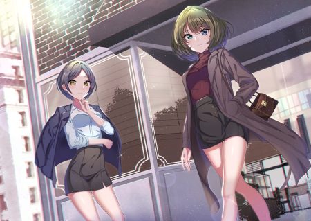 2girls bicolored eyes brown hair building gray hair hayami kanade idolmaster idolmaster cinderella girls reflection shirt short hair skirt sutoroa takagaki kaede yellow eyes