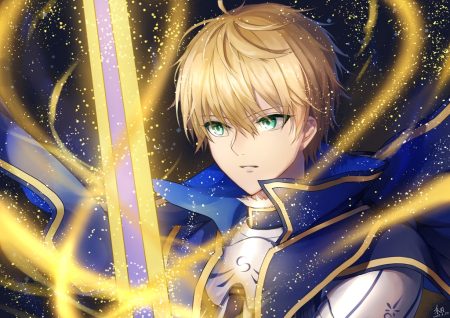 all male armor arthur pendragon (fate) blonde hair cape close fate/grand order fate (series) green eyes heri (sniper579) magic male short hair signed sword weapon