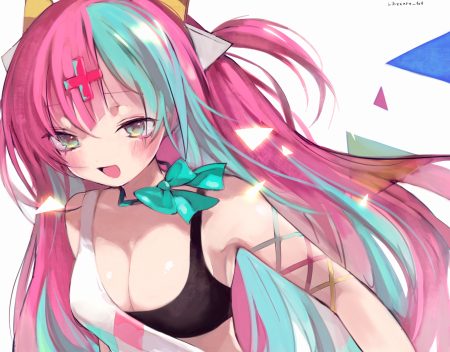 aqua eyes bow breasts cleavage close long hair pink hair pinky pop hepburn signed the moon studio yukari (rinenara doll)