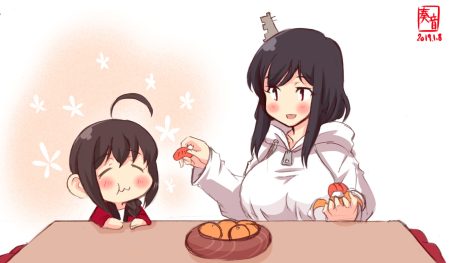 2girls anthropomorphism black hair blush braids breasts brown hair cat smile food fruit hood kanon (kurogane knights) kantai collection kotatsu orange (fruit) ponytail red eyes shigure (kancolle) yamashiro (kancolle)