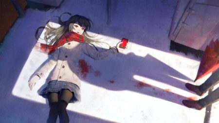 black hair blood ji dao ji long hair original pantyhose phone red eyes scarf skirt snow umbrella