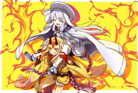 2girls blonde hair cape demon fate/grand order fate (series) fire gloves gray hair hat horns ibaraki douji (fate) illyasviel von einzbern japanese clothes kimono loli long hair oiun rope shorts sitonai (fate/grand order) tattoo thighhighs yellow eyes