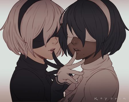 black hair blindfold close dark skin gloves headband koyorin nier nier: automata short hair signed soul calibur white hair yorha unit no. 2 type b yorha unit no. 2 type p