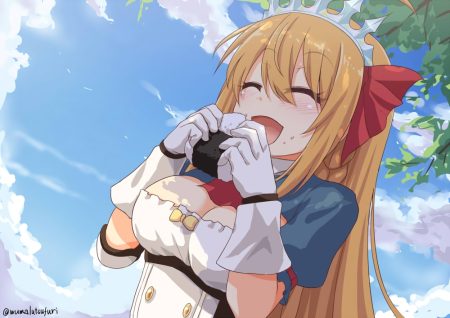 blush braids breasts cleavage clouds food gloves headdress long hair orange hair pecorine princess connect! shade signed sky tree umarutsufuri