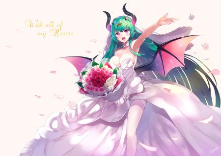 breasts cleavage demon dress flowers green hair horns long hair lord of walkure petals pointed ears purple eyes rose sora-bozu thighhighs wedding attire wings