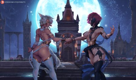 2girls animal ears ass au ra breasts building catgirl cutesexyrobutts erect nipples final fantasy final fantasy xiv green eyes horns miqo'te moon night nipples purple hair see through tail thighhighs water watermark white hair wristwear