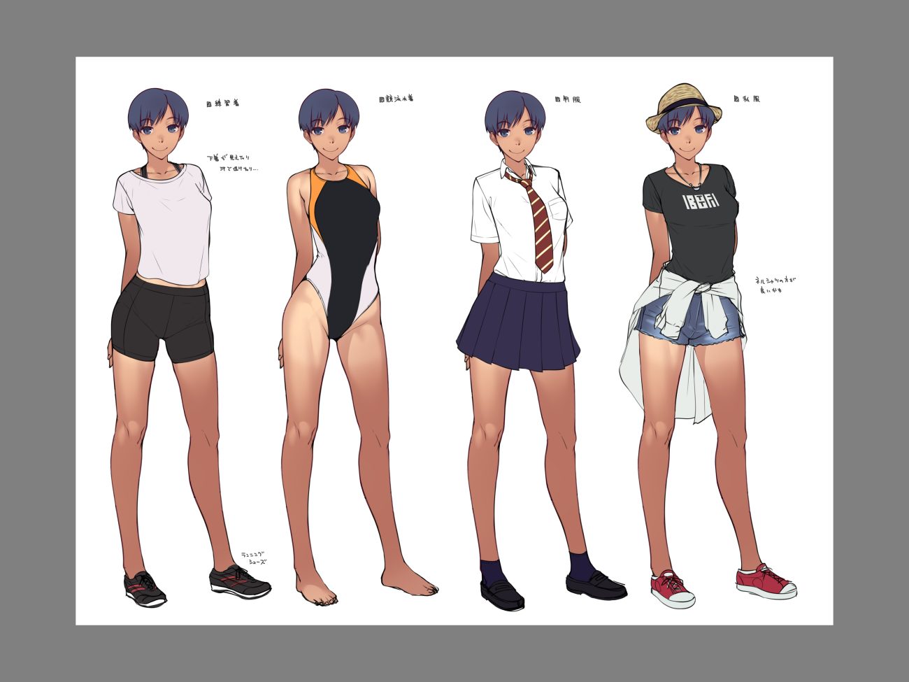 barefoot bike shorts blue eyes blue hair dark skin hat necklace oohara kyuutarou original school uniform short hair shorts sketch skirt socks swimsuit tan lines tie