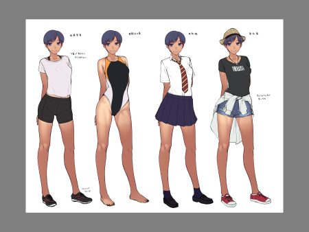barefoot bike shorts blue eyes blue hair dark skin hat necklace oohara kyuutarou original school uniform short hair shorts sketch skirt socks swimsuit tan lines tie