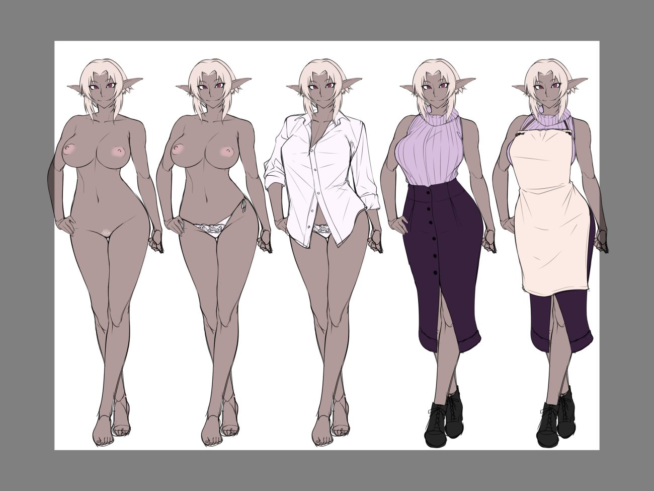 apron barefoot boots breasts dark skin haha ga dark elf ni natte isekai kara modottekita. misaki forrest navel nipples nude oohara kyuutarou panties pointed ears pubic hair red eyes shirt short hair sketch skirt underwear white hair