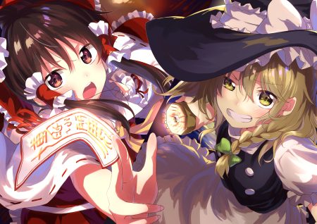2girls apron blonde hair braids brown hair close dress hakurei reimu hat japanese clothes kirisame marisa long hair magic miko ofuda red eyes sakurano itsuki touhou witch witch hat yellow eyes