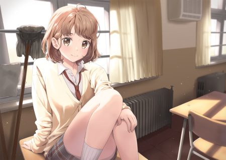 brown eyes brown hair original school uniform short hair skirt socks tie unya (unya-unya)