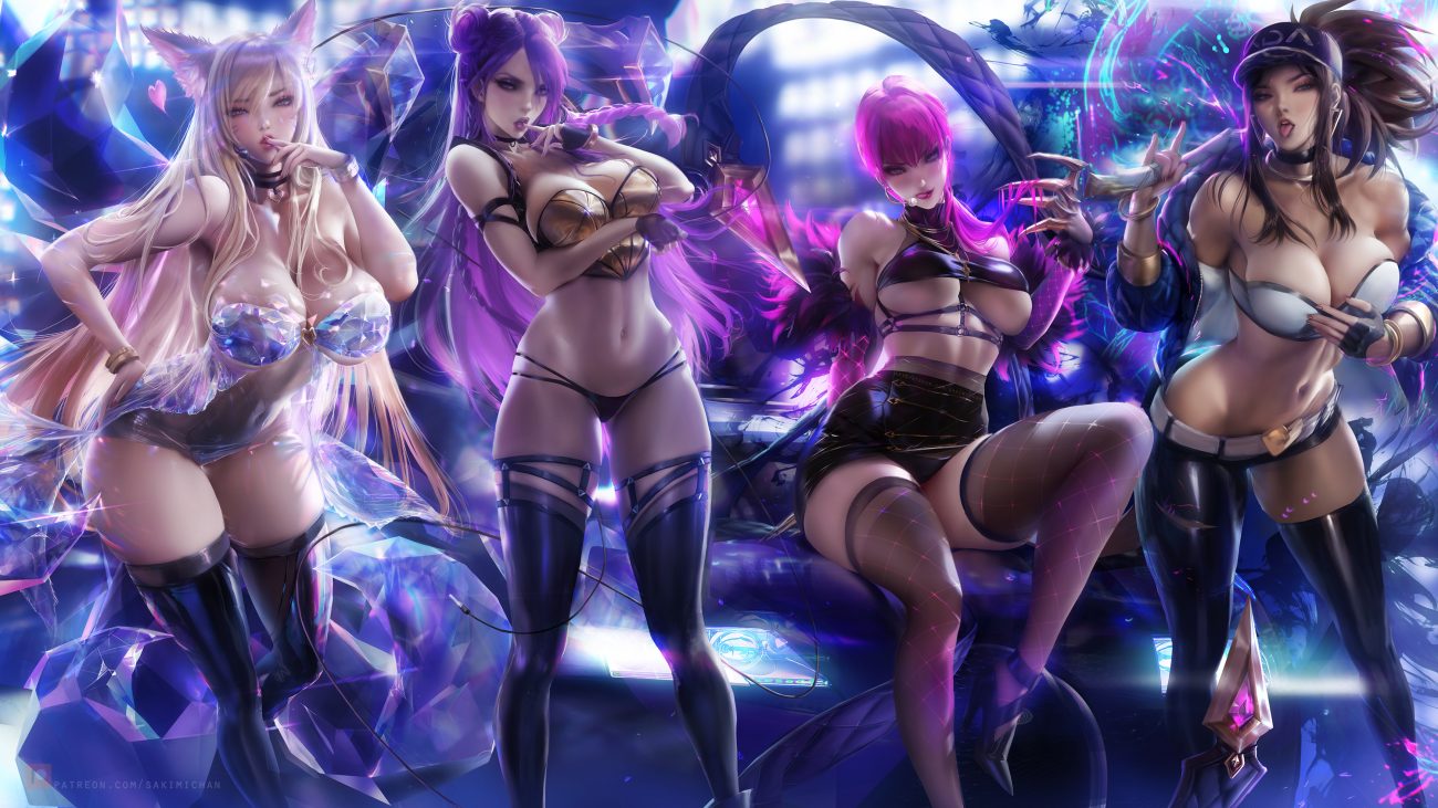 ahri (league of legends) akali animal ears blonde hair braids breast hold breasts brown eyes brown hair choker cleavage evelynn foxgirl garter gloves group hat heart kai'sa league of legends long hair microphone multiple tails navel panties pink eyes pink hair ponytail purple eyes purple hair realistic sakimichan skintight skirt tail thighhighs underboob underwear watermark wristwear yellow eyes